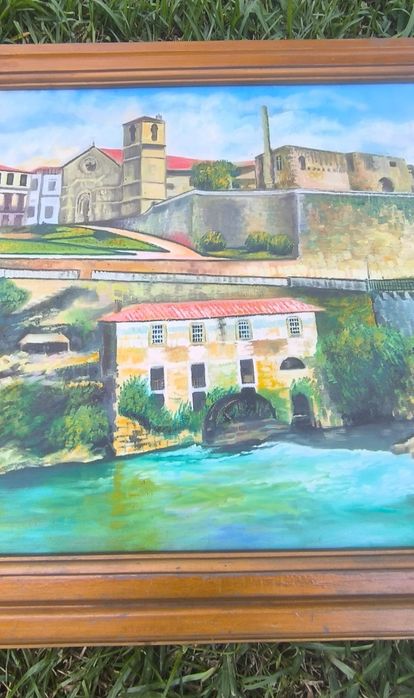 Belíssimo quadro pintura a óleo assinado com moldura em madeira dourad