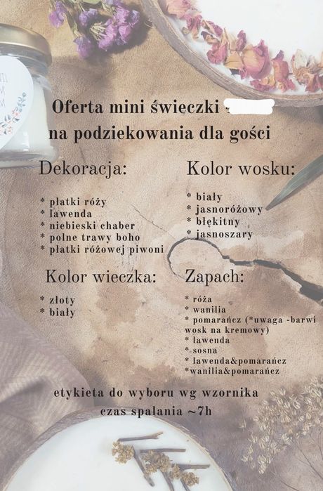 Świeczki podziękowania dla gości Ślub Wesele Komunia Święta Urodziny