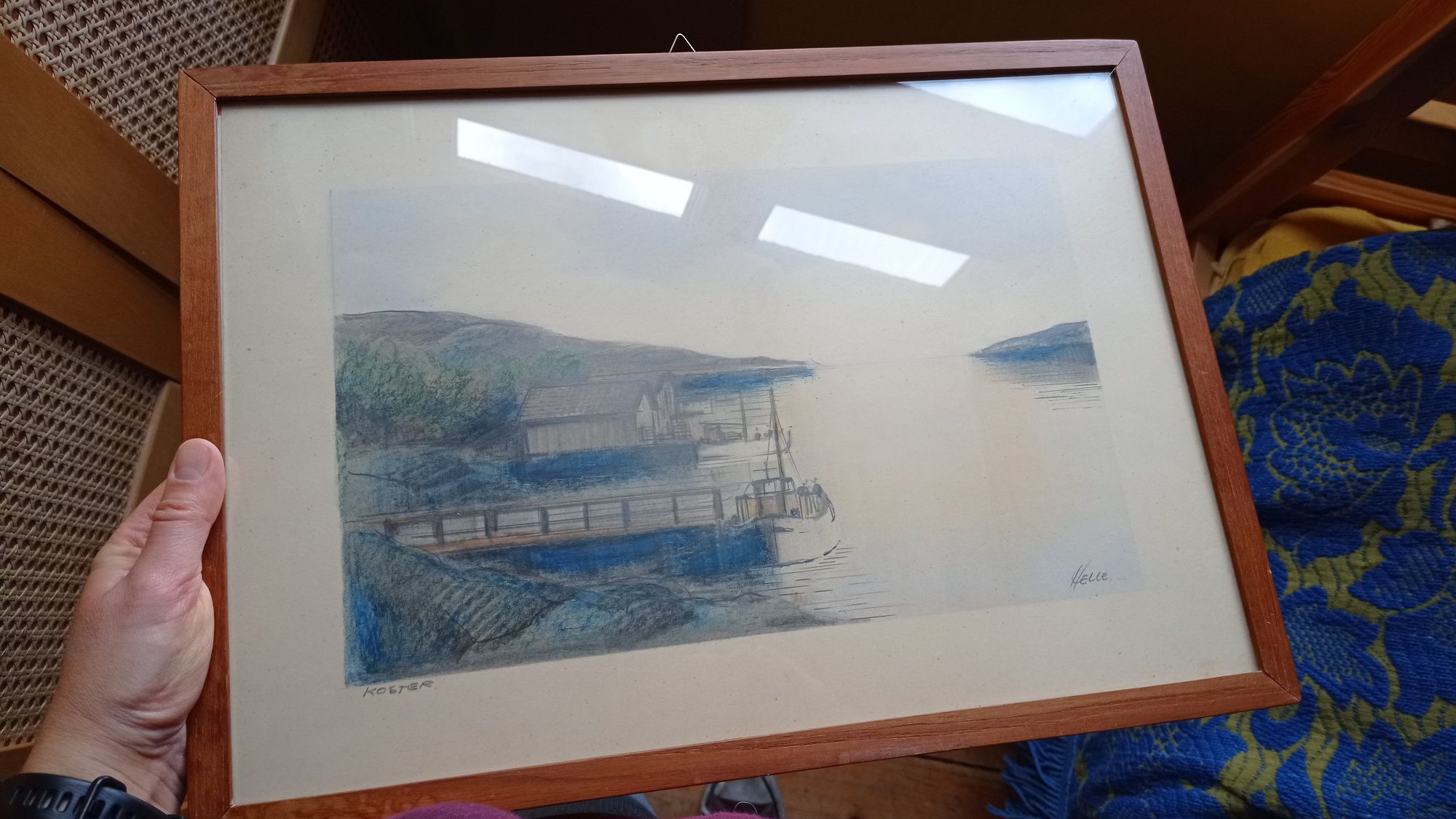 Obraz Grafika Gwasz Kredka Orginał port łódka morze sygnowany Norway
