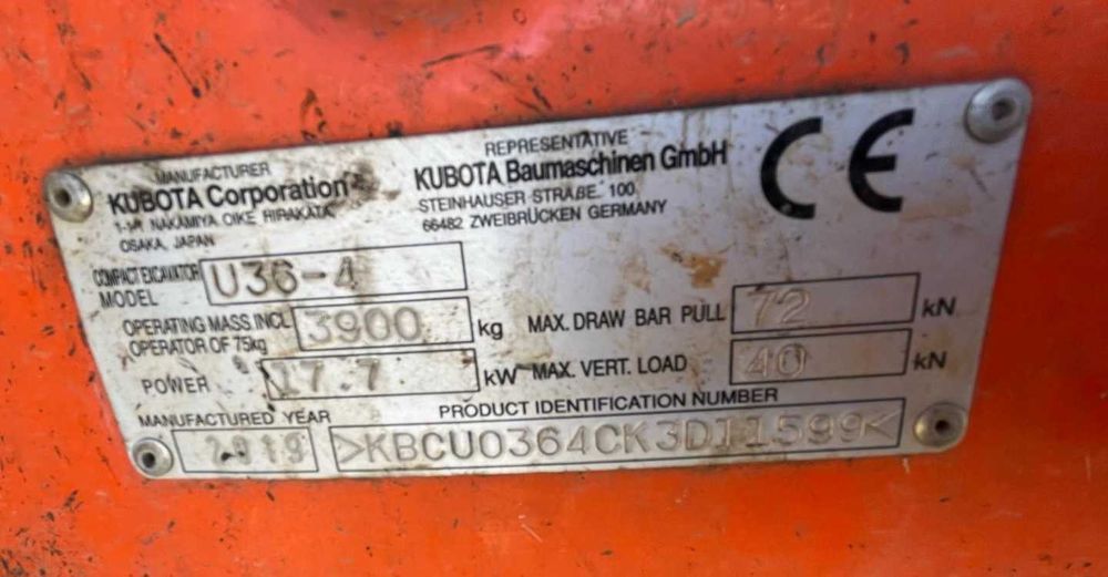 Minikoparka Kubota U36 -2019r - Uszkodzona