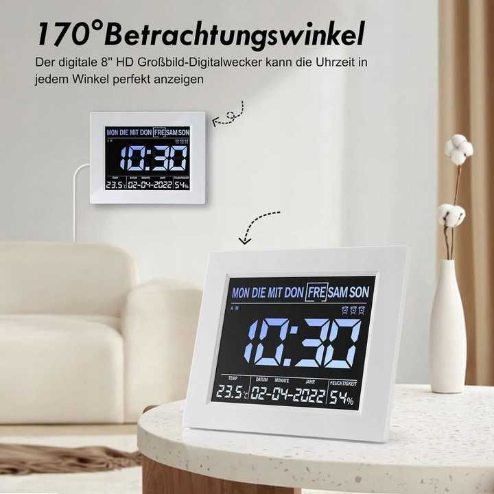 Cyfrowy Zegar Z Kalendarzem 8" LCD Duży Ekran Temperatura Wilgotność