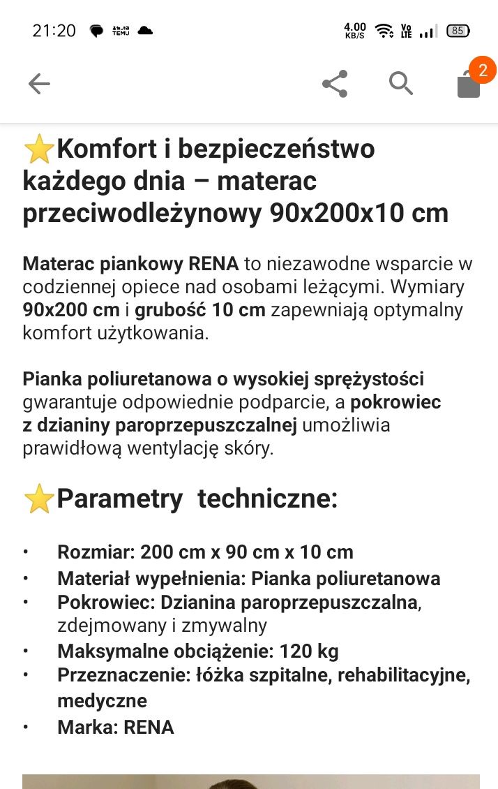 Materac szpitalny w pokrowcu nieprzemakalnym