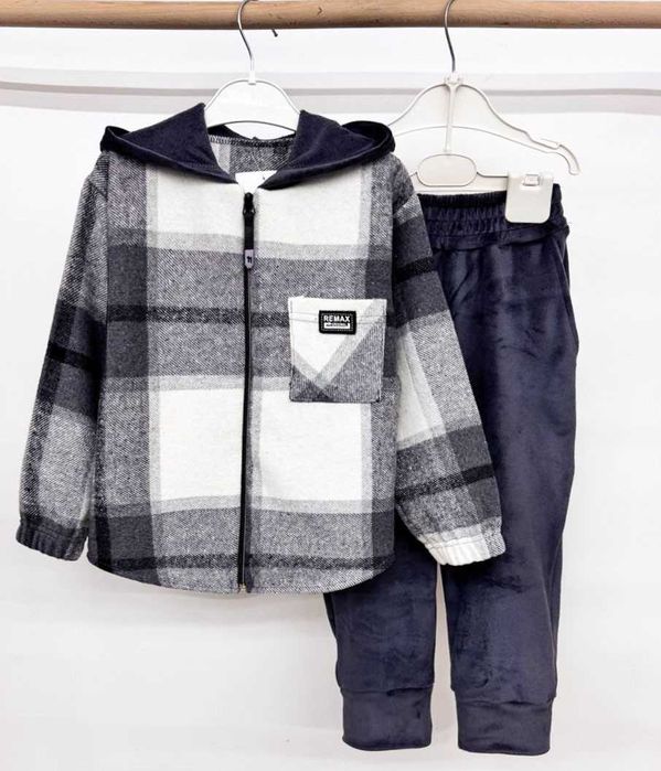 Теплий костюм клітинка кашемір+велюр хутро 98-158 см костюм клетка топ