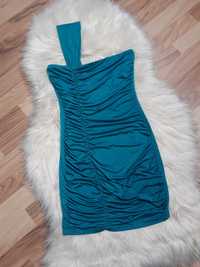 turkusowa krótka marszczona sukienka asymetryczna satynowa Arden XS