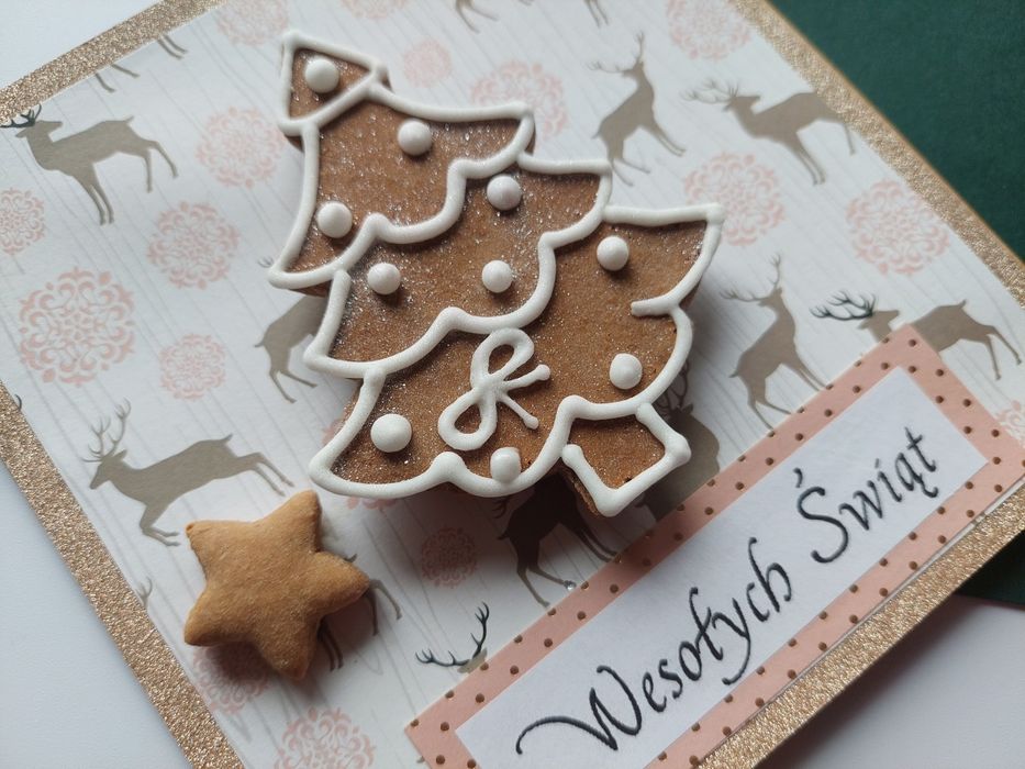 Kartka z Piernikiem Gwiazdka Choinka Prezent Podziękowanie Mikołajki