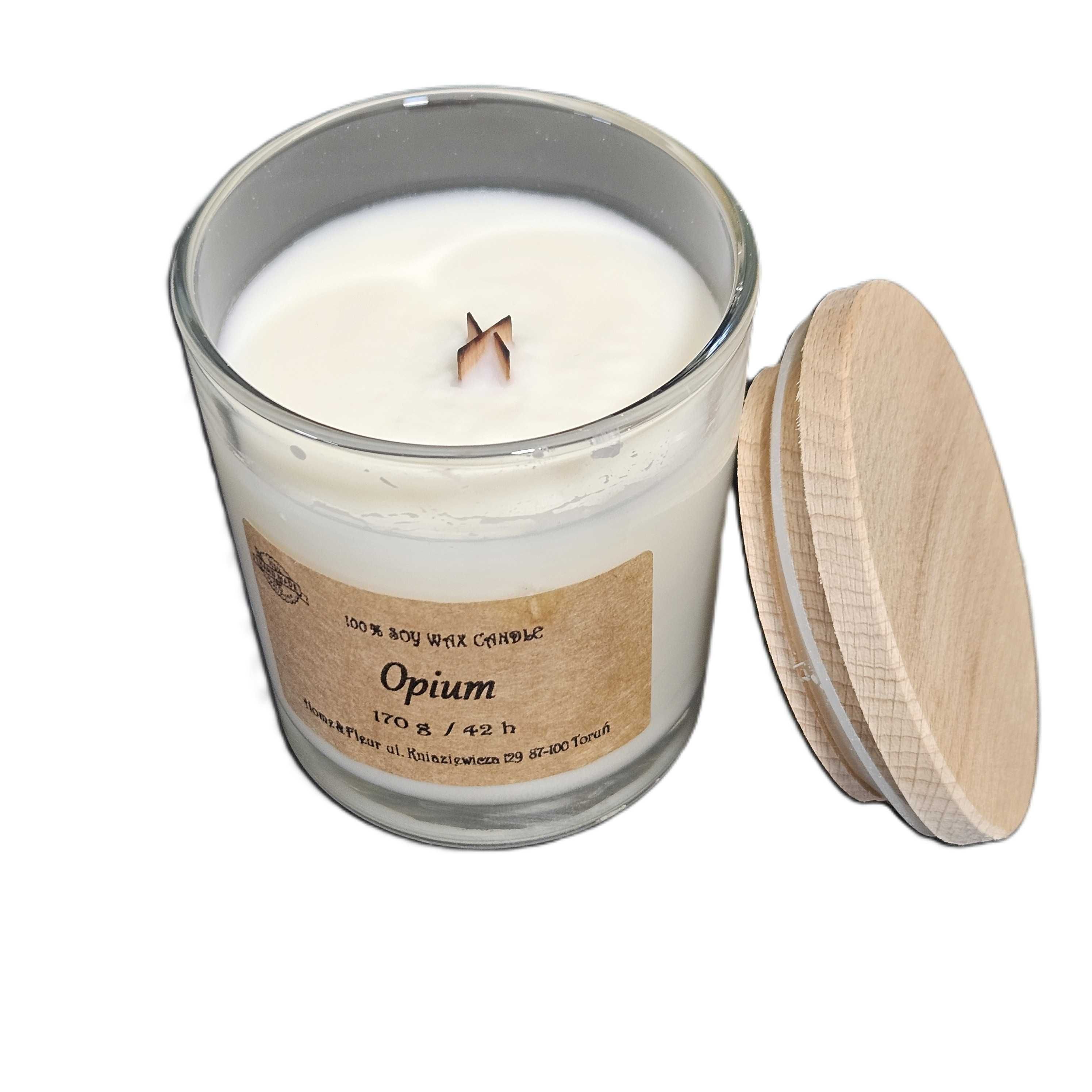 Świeca sojowa zapach Opium 170 g/ 42h. Knot drewniany.