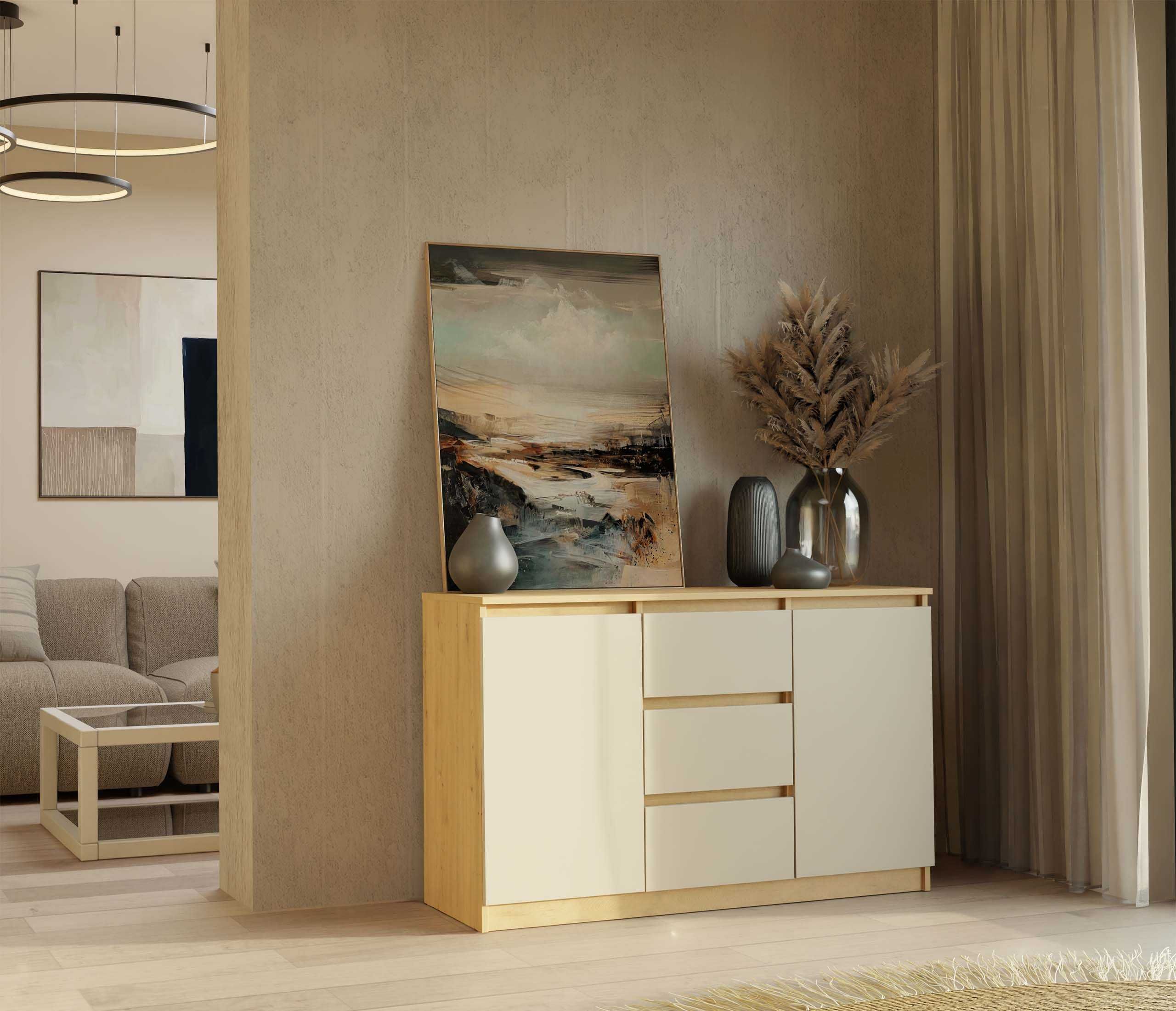 Komoda 2D3S 120 Cm 3 szuflady 2 drzwi Szafka DĄB ARTISAN / KASZMIR BEŻ