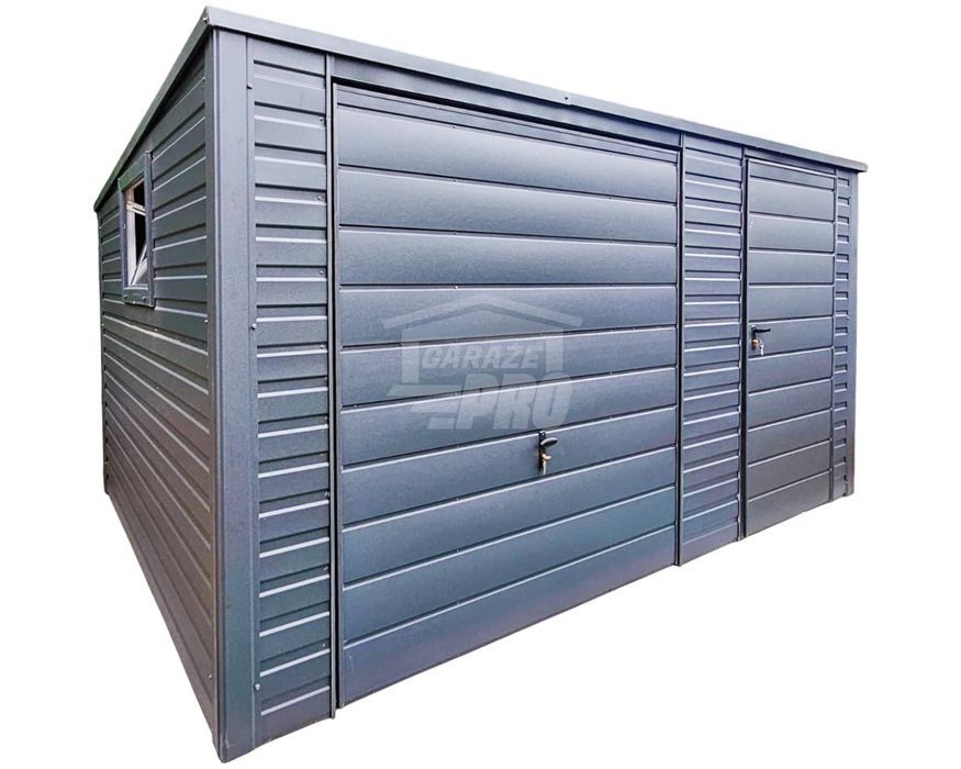 Garaż blaszany 4,5x4m - Brama uchylna - drzwi 2x okno antracy GP420