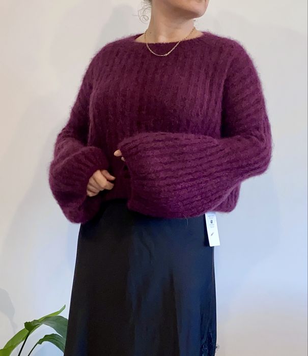 sweter Yarn bordowy burgund kid moher rękaw dzwonek puszysty nowy