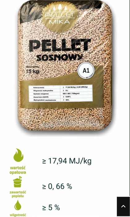 Pellet MIKA klasy A1   worek 15kg CERTYFIKOWANY Leszno Wlkp.