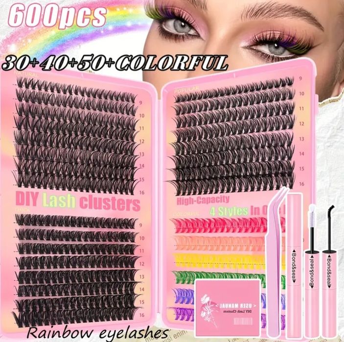 Набір Вій 600 шт Rainbow/Black / Нарощування вдома