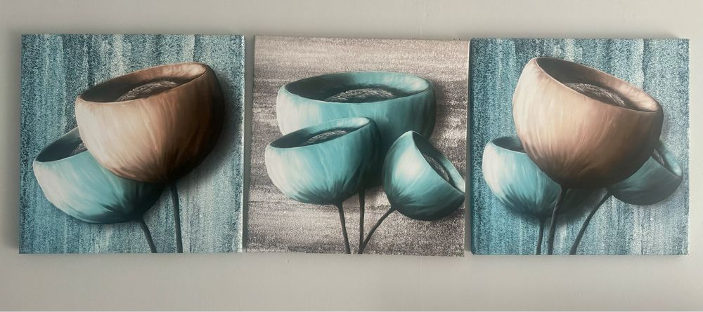 Obraz 3 częściowy na płótnie szarość turkus (3 x 50x50 cm)