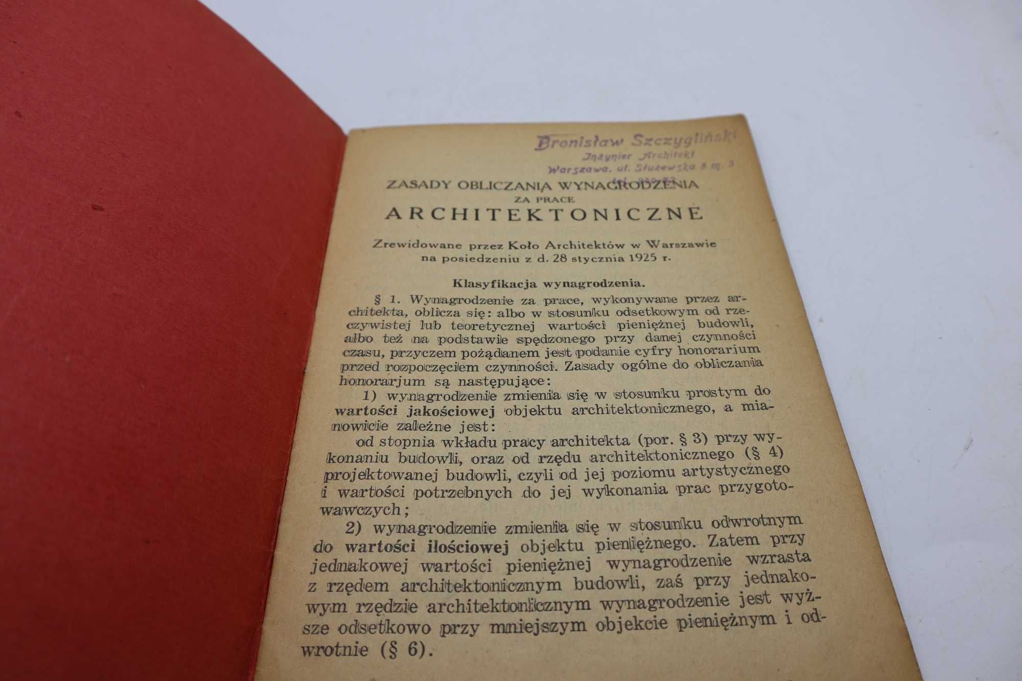 Zasady obliczania wynagrodzenia za prace architektoniczne 1925r  ls