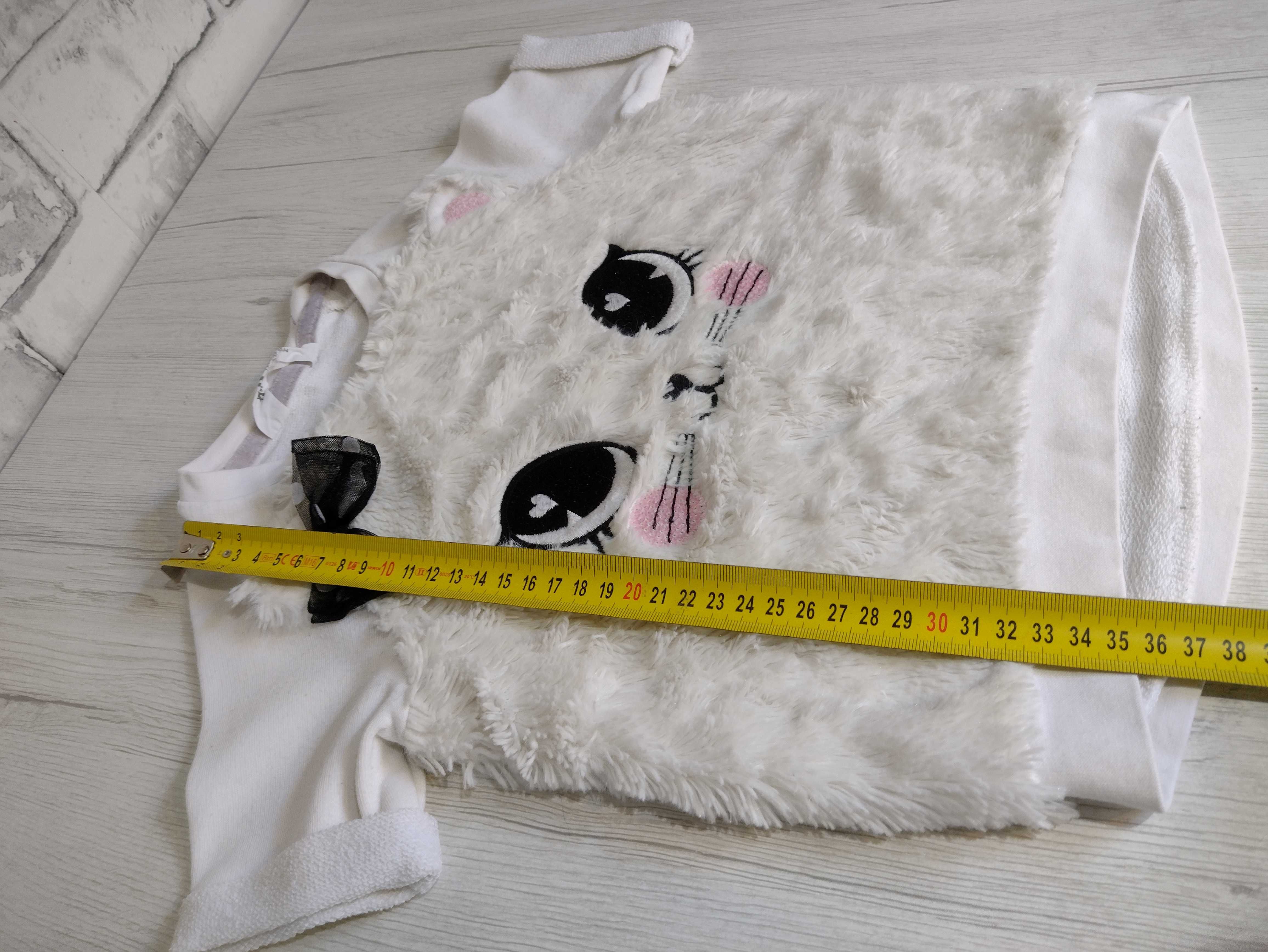 H&M puchata biała bluza 98/104 kotek z kotkiem oczka uszy oczy kocie
