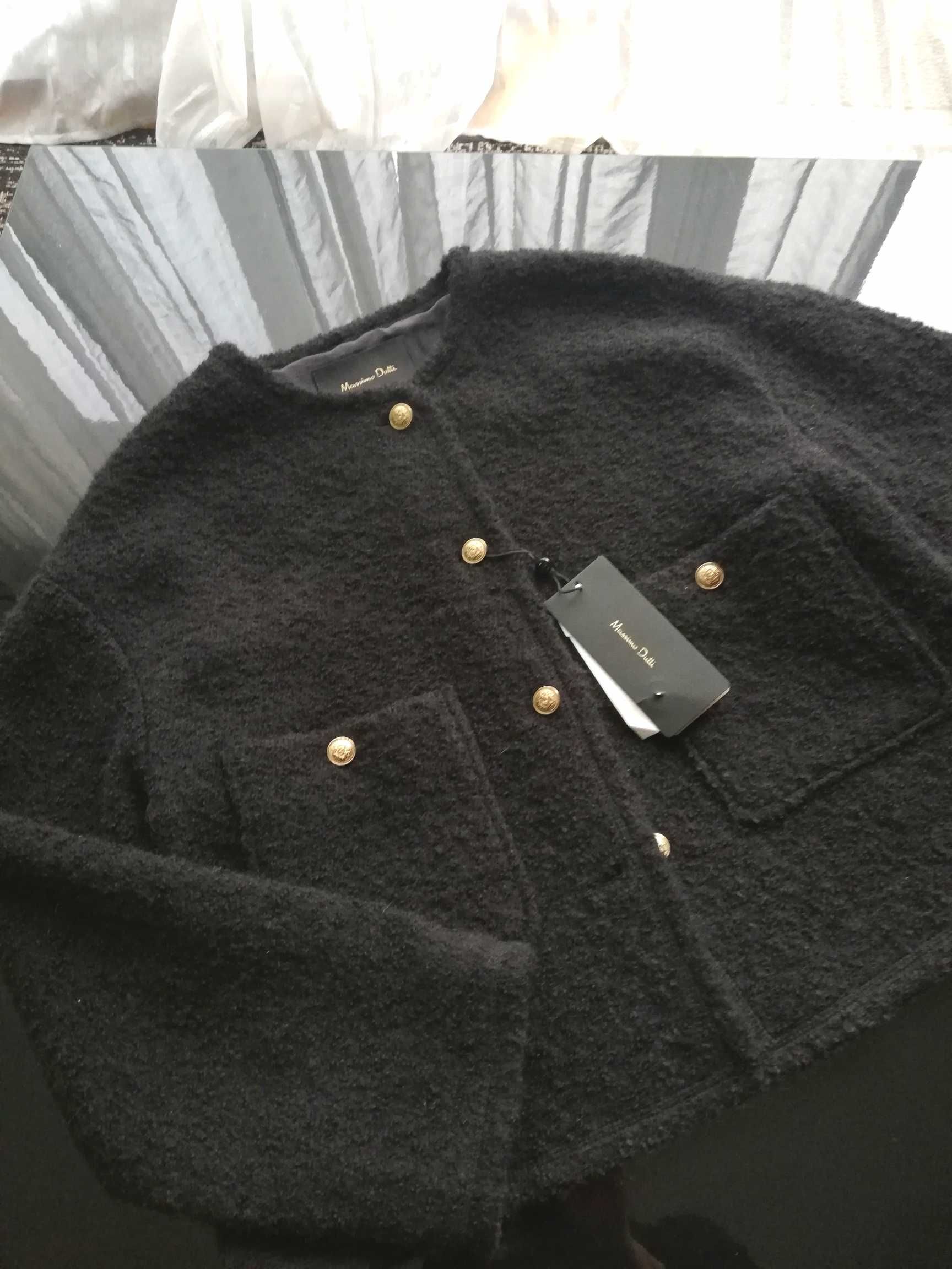 Massimo Dutti wełniany Krótki Żakiet Kardigan Boucle 38M czarny