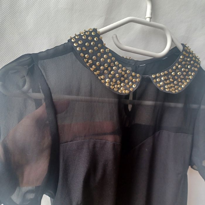 Śliczna koszula bluzka krótki rękaw XS 34 czarna kołnierzyk cekinowy