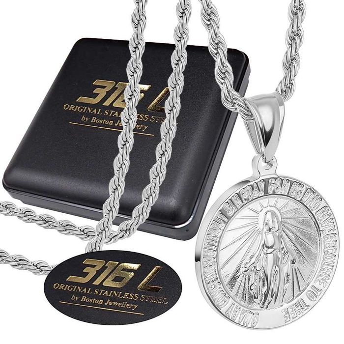 Srebrny Łańcuszek z Medalikiem z MARYJĄ MATKĄ BOSKĄ Stal Chirurgiczna