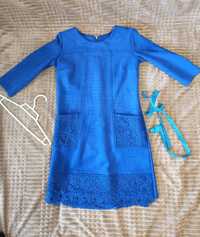 Сукня 46-48(M-L). Нарядна з мереживом. Синее платье велюр. Кружево
