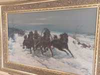 Obraz Pejzaż Zimowy Konie Olej na Płótnie R.Malwa