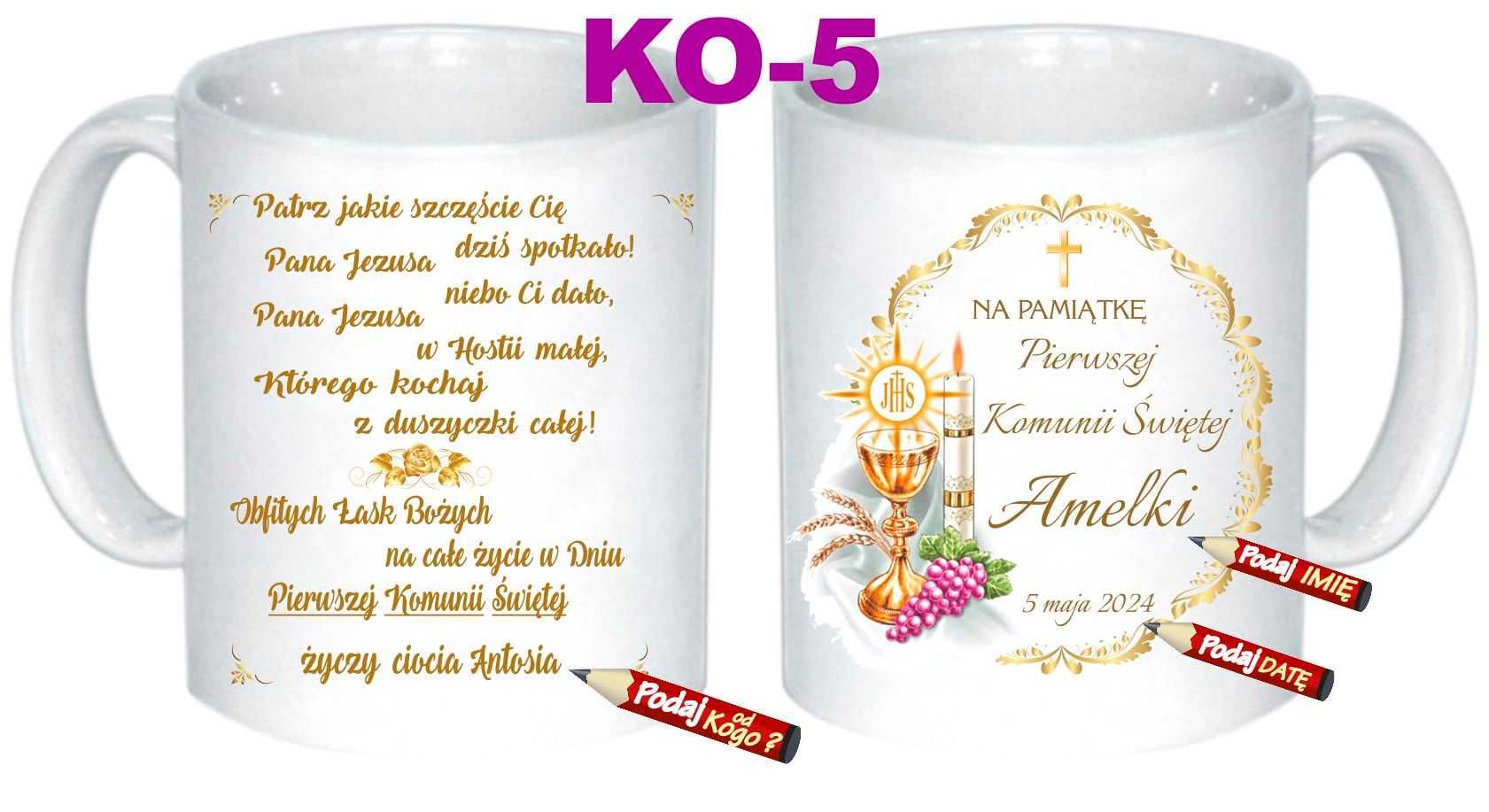 Kubek Pierwsza I Komunia Święta pamiątka imię z Imieniem WZORY