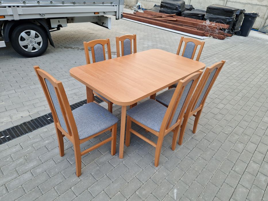 Nowe: Stół 80x140/180 + 6 krzeseł, olcha + szary, dostawa PL