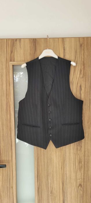 Czarna męska kamizelka garniturowa podszewka paseczki, roz XL