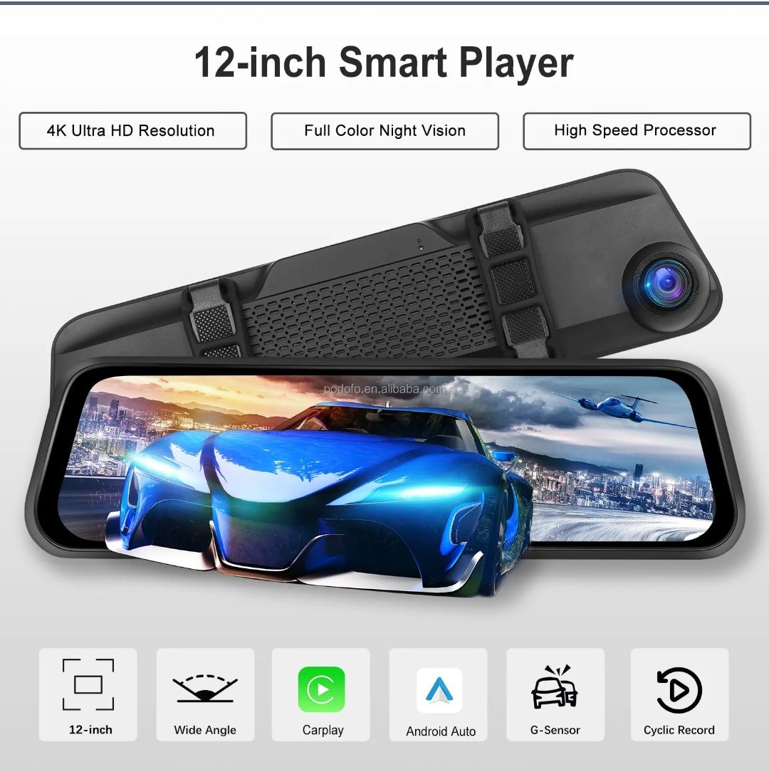 Espelho retrovisor 12 polegadas com Dashcam DVR 4K rádio FM Wi-Fi NOVO
