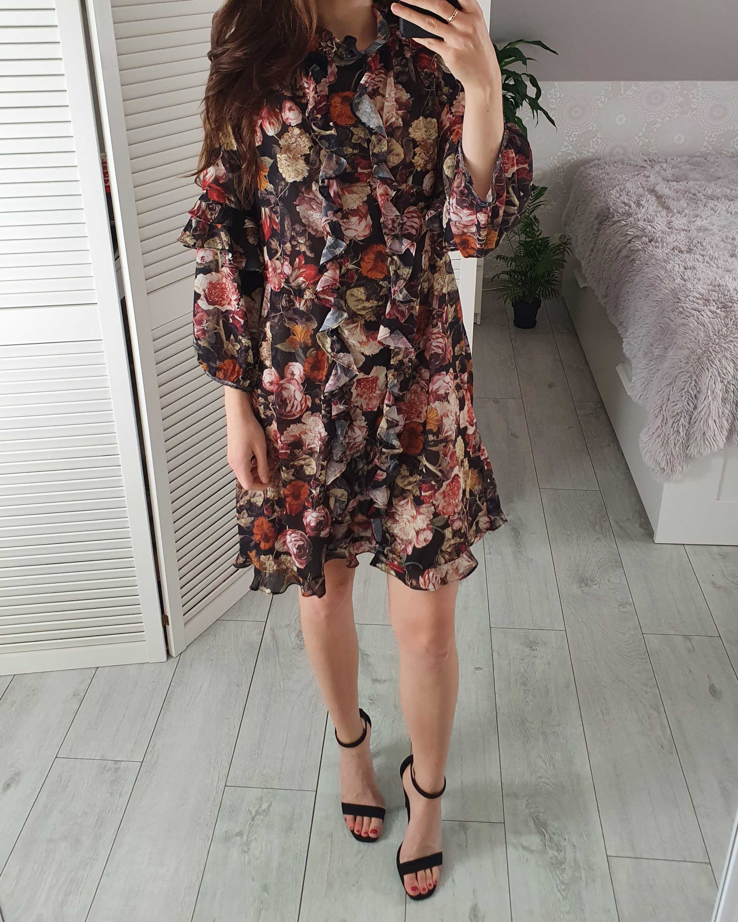 H&M sukienka w kwiaty szyfonowa oversize 34 XS