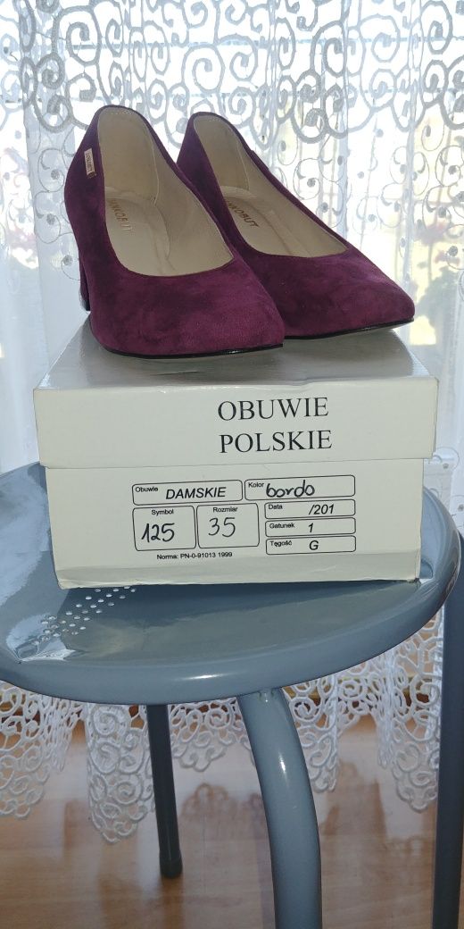 Sprzedam Nowe buty, czółenka bordo rozm 35, skóra naturalna, zamszowa