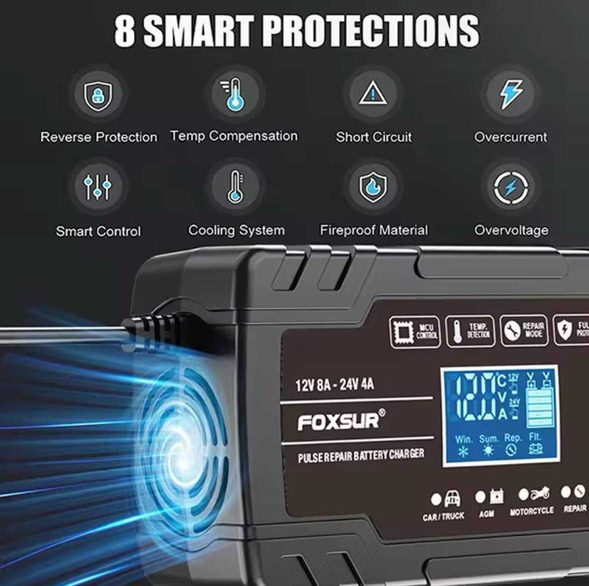 Foxsur Зарядное устройство 8A 12-24V авто мото аккумулятор автоматичес