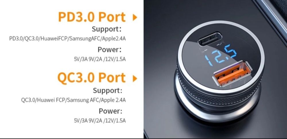 Швидка автомобільна зарядка 36W в прикурювач USB+Type C з вольтметром