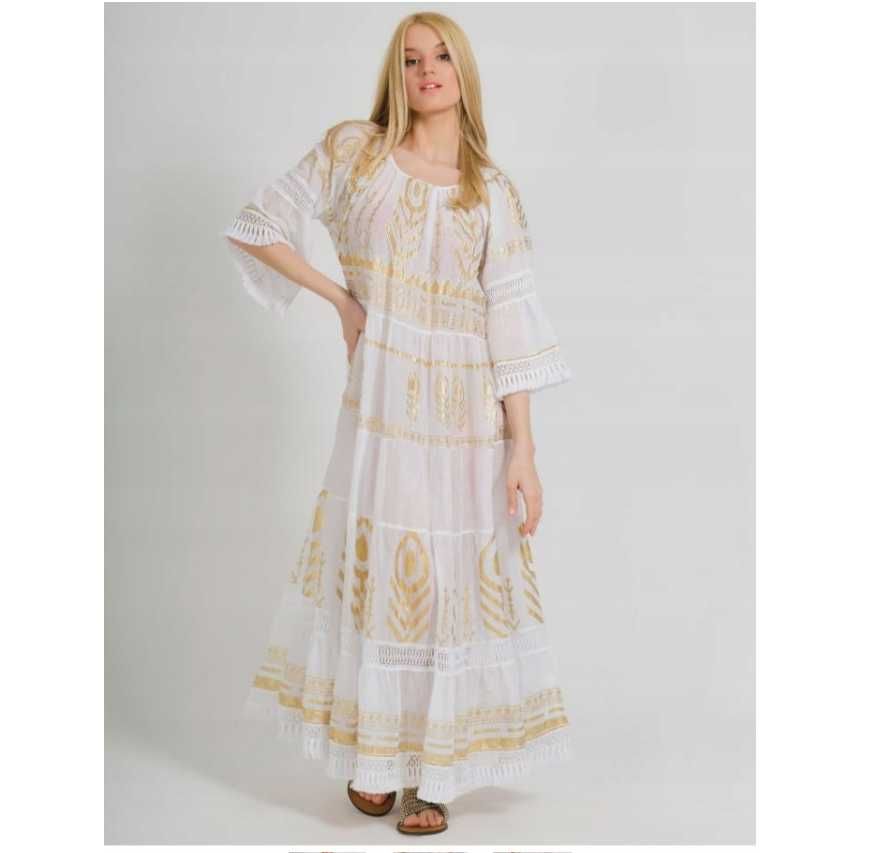 Ble Długa sukienka w stylu greckim boho biała 100% bawełna one size