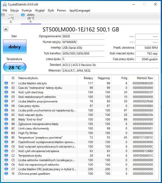 dysk SSHD 500GB Seagate 5400rpm 100% sprawne SMART Seagate 2,5"