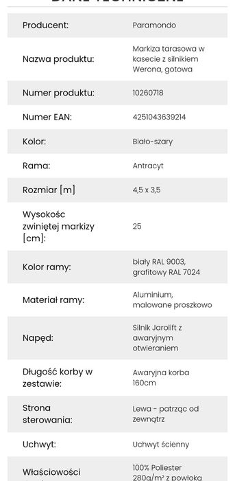 Całoroczna Markiza elektryczna Paramondo (również boczna)