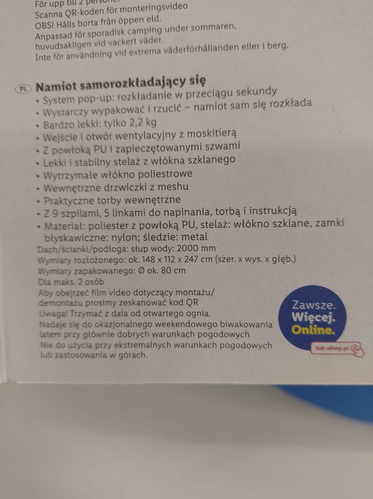 Namiot 2 osobowy  samo rozkładający się Crivit