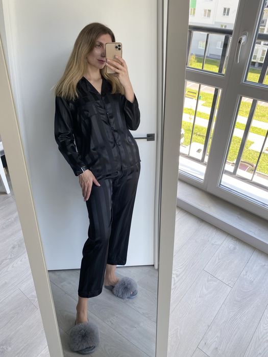 Піжама домашній костюм чорний атласний блакитний пижама атласная