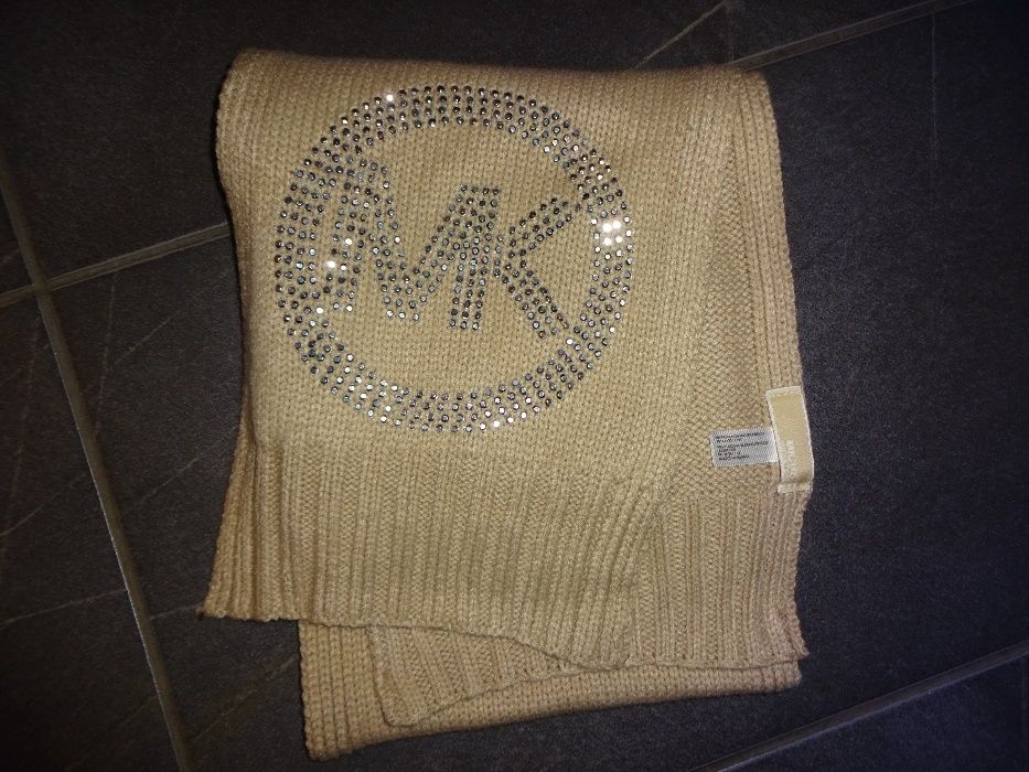 MICHAEL KORS jasno brązowy beżowy ciepły szal szalik srebrne cekiny