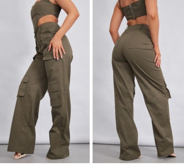 PrettyLittleThing L-XL szerokie spodnie całego w kolorze khaki