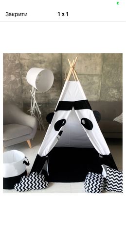 Детская палатка - вигвам "Белая панда" с прямым ковриком
