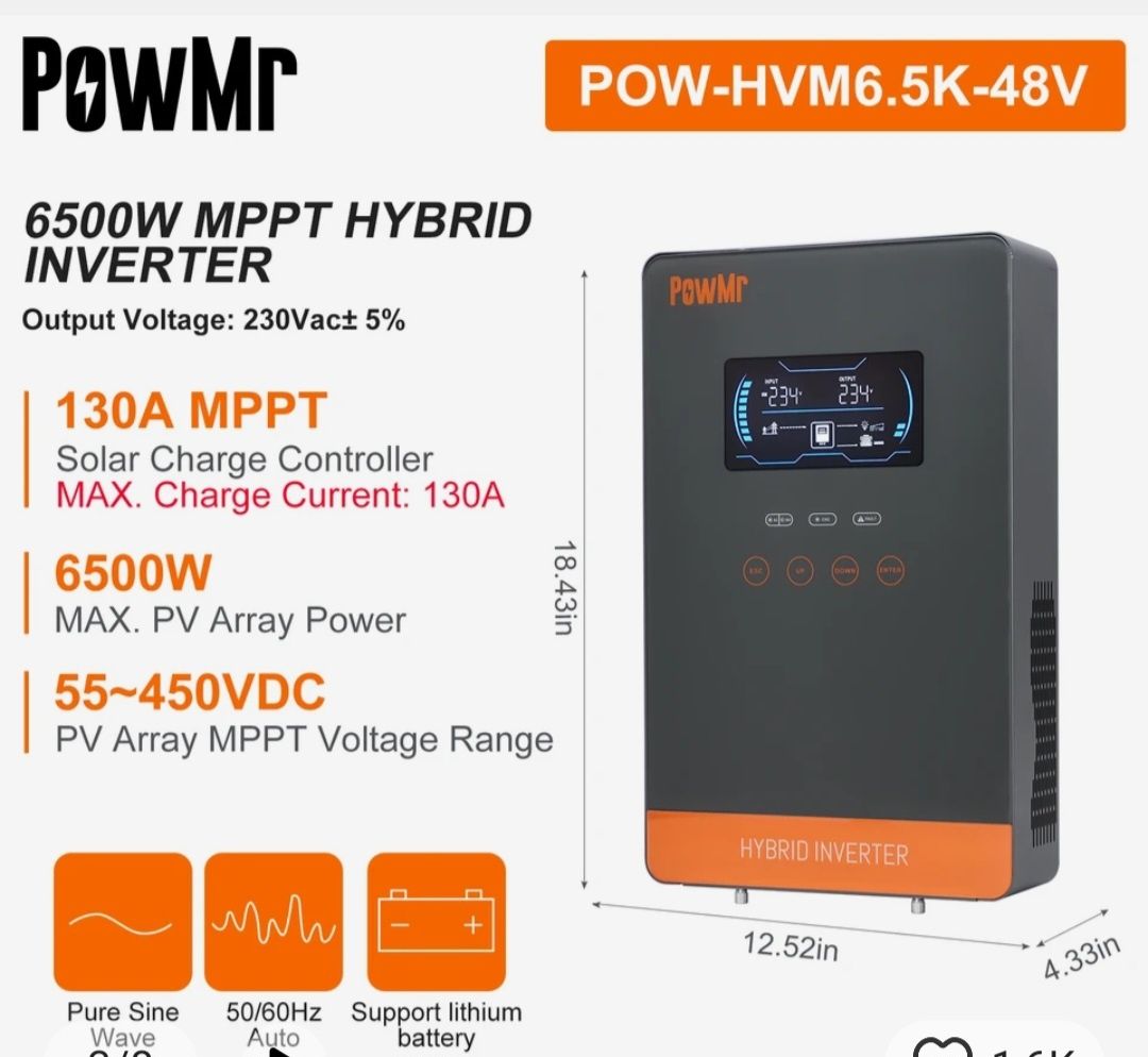Комплект ДБЖ інвертор PowMr  6.5 кв  + батарея 48v, 8kw,160а/h