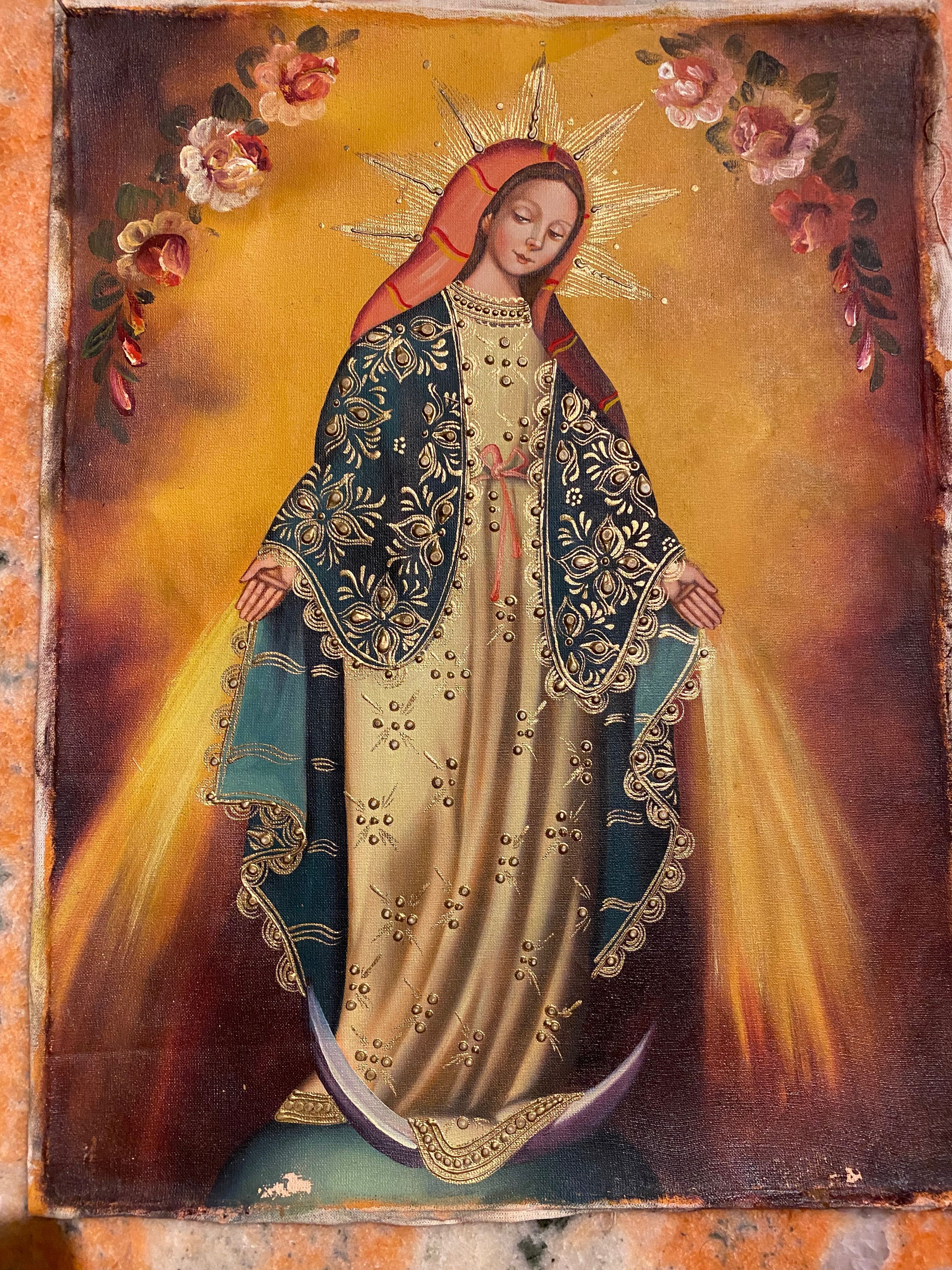 Pintura Centenária Ícone a óleo sobre tela Nossa Senhora Séc XIX 40 cm