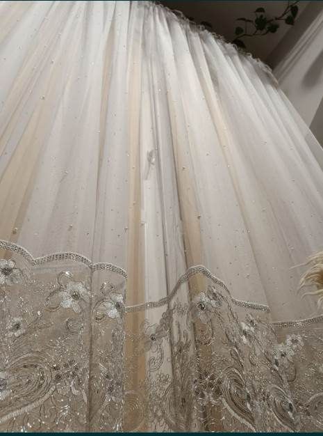 Firany ze srebrną gipiurą i perełkami 220x400cm