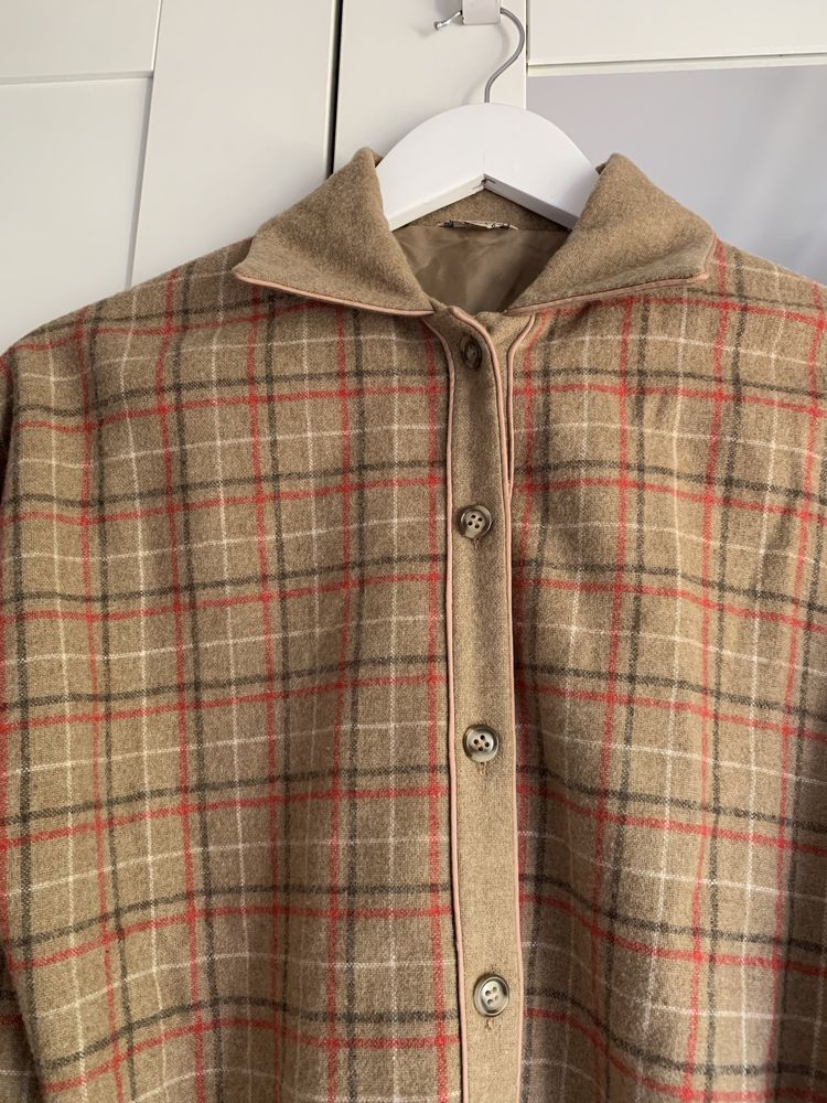 Wełniany płaszcz vintage w kratkę rozmiar XS/S