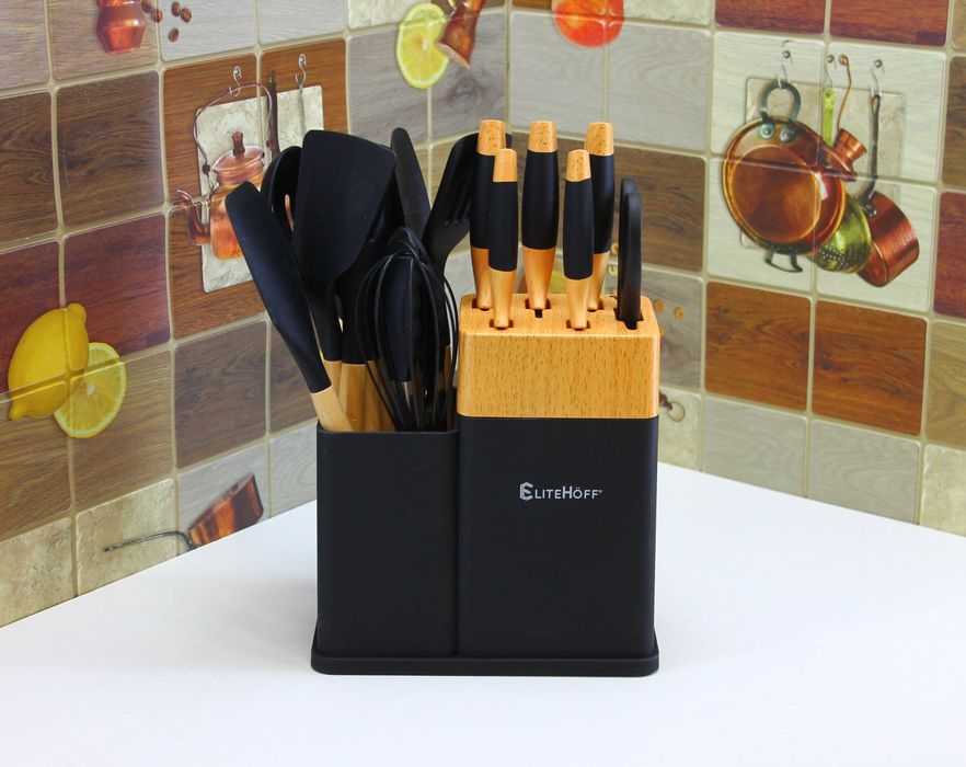 Zestaw. Noże kuchenne w bloku + 11 Przyborów Silikonowych EliteHoff