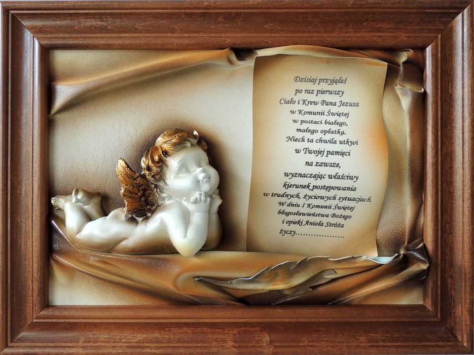 Obraz z aniołkiem i dedykacją na komunię, chrzciny  PREZENT pamiątka