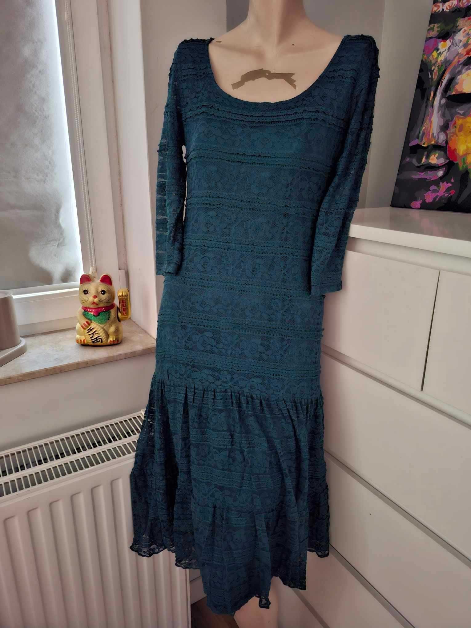 36 S niebieska sukienka midi długa romantyczna boho dziewczeca vintage