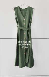 Sukienka Mango 36 S zielona na guziki dekolt V bawełniana lniana