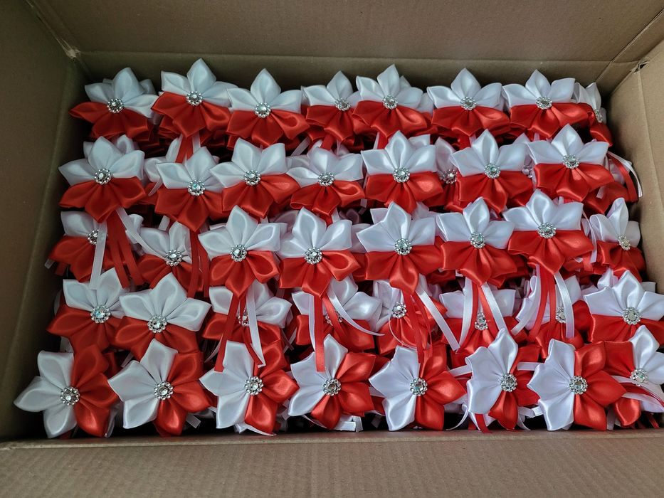 25 kotylionów biało czerwone