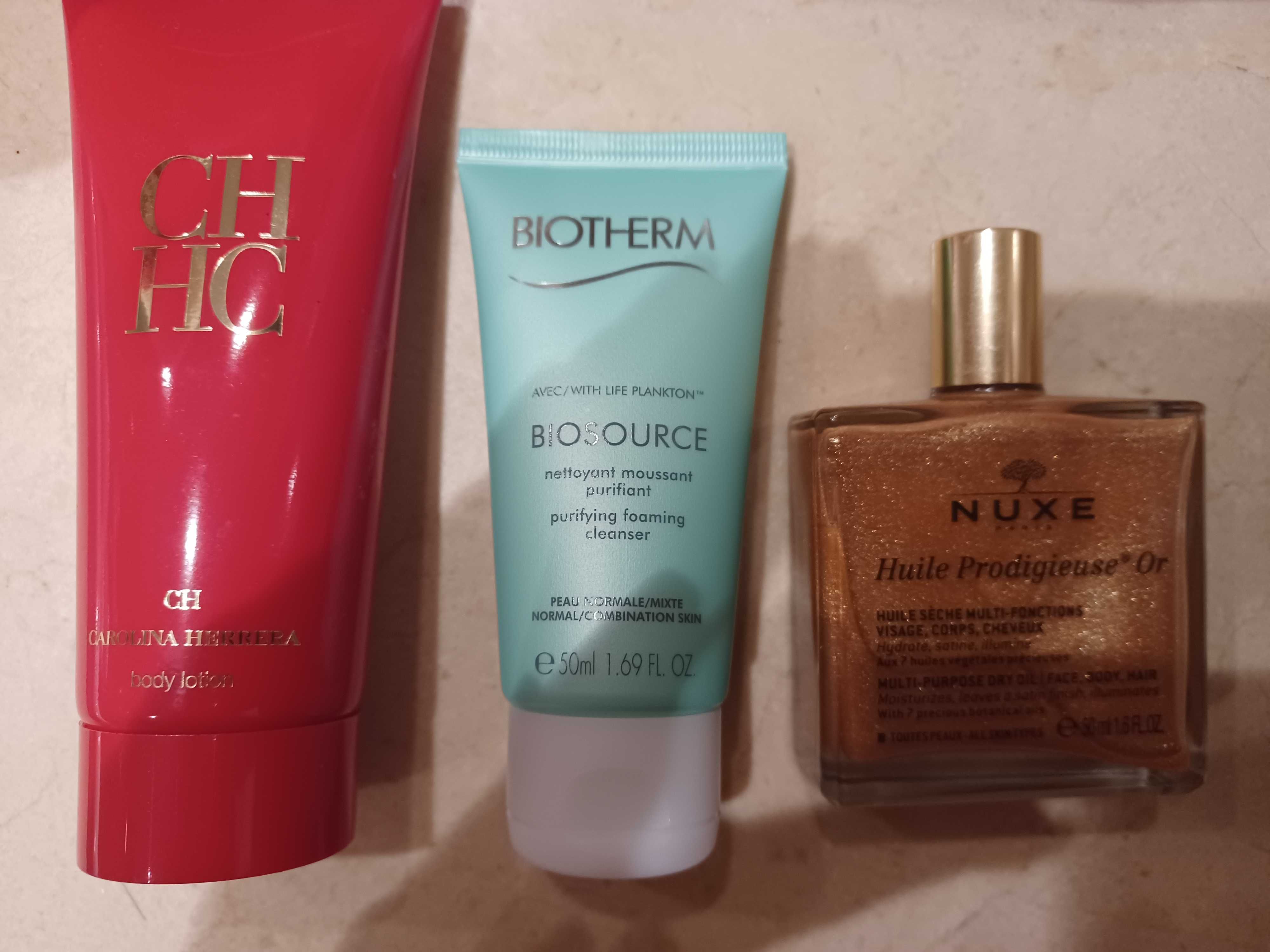 4 produtos Nuxe, Carolina Herrera, biotherm