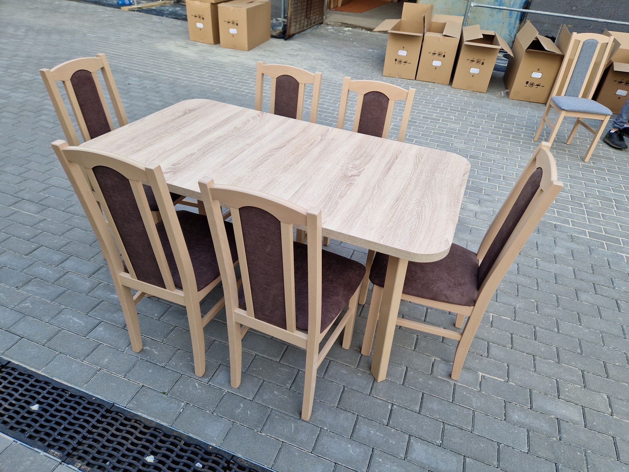 Nowe : Stół + 6 krzeseł,  sonoma + braz , dostawa PL